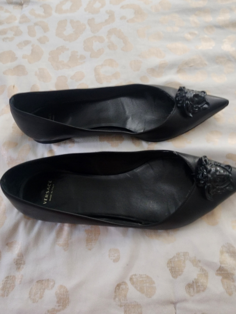 Versace Black Leather Pointed Toe Flats with Medusa Emblem